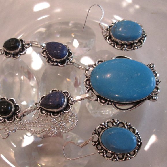 TURQUOISE NATURAL PERSIAN GEMSTONE LADIES  925 STERLING SILVER NECKLACE EARRING - Picture 1 of 9